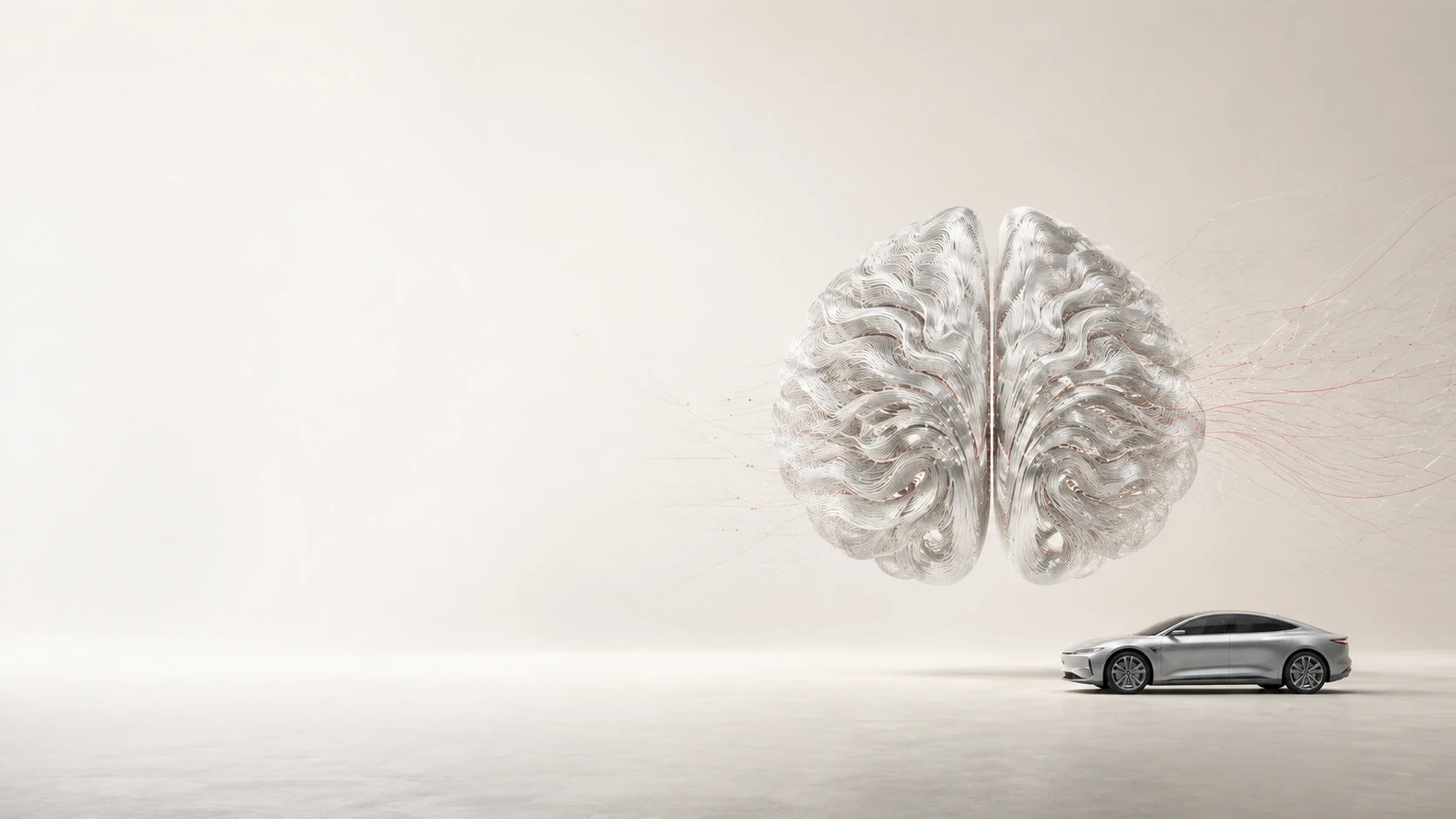 A brain-shaped form made of two hemispheres of silver fibers, with a small vehicle at the lower right; a conceptual representation of cognition and collaboration, not actual hardware or architecture