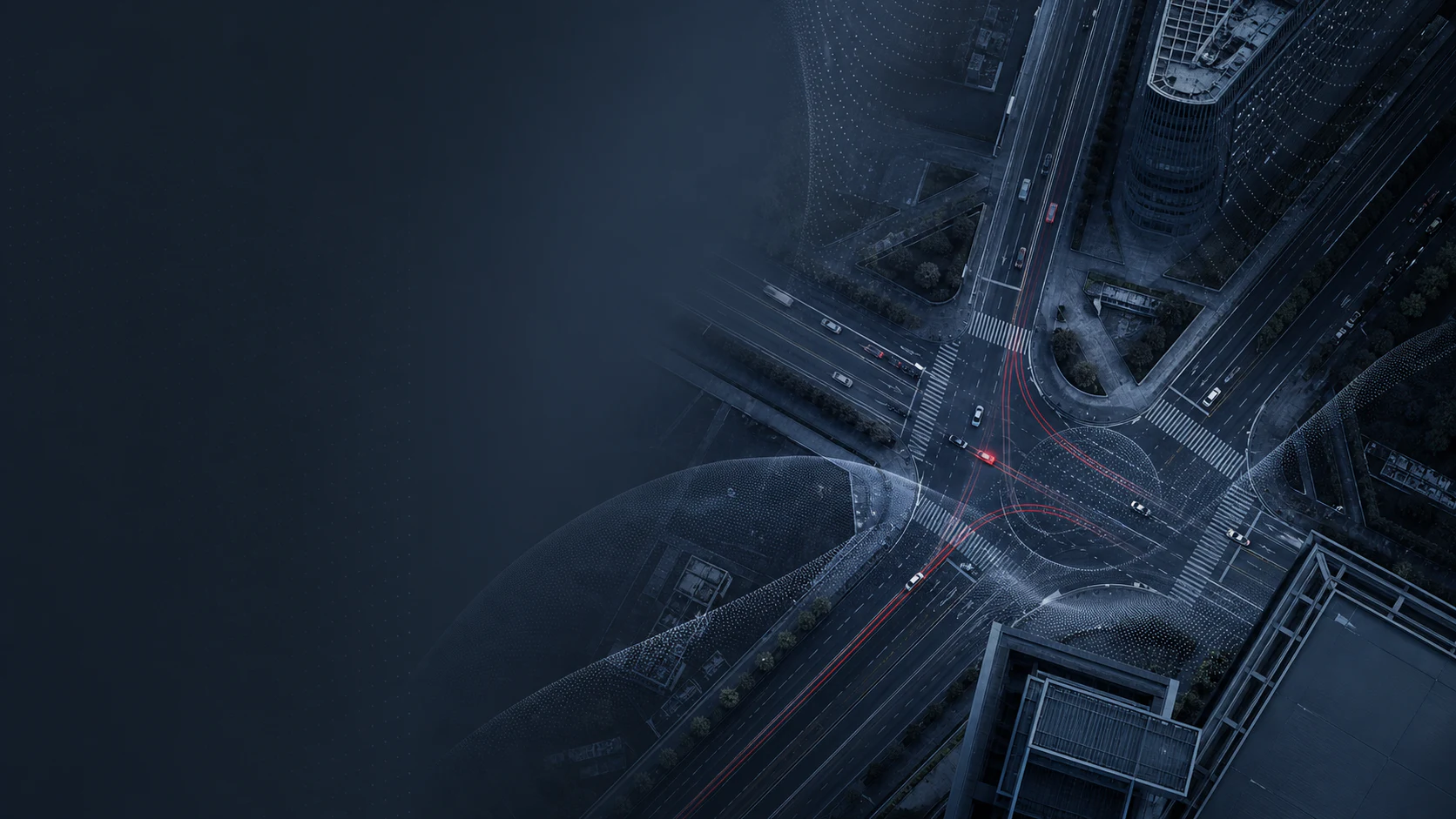 都市道路と自動車AIのデータ連携を表現したシーン